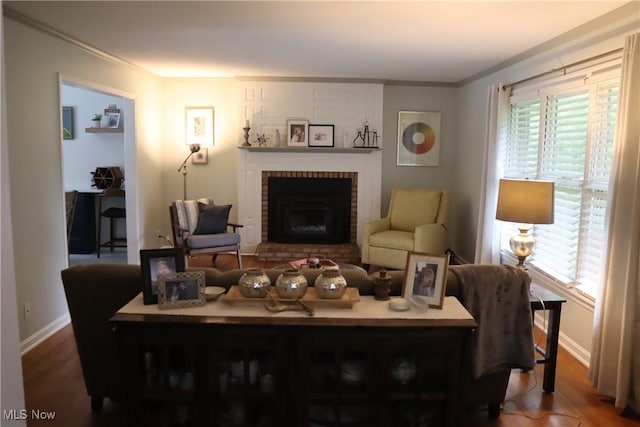 812 Spring Water Dr, Akron, OH 44333 - living room with healthy amount of natural light, wood finished floors, a fireplace, and ornamental molding