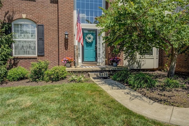 1741 Hamilton Dr, Broadview Heights, OH 44147 - view of exterior entry featuring brick siding and a lawn