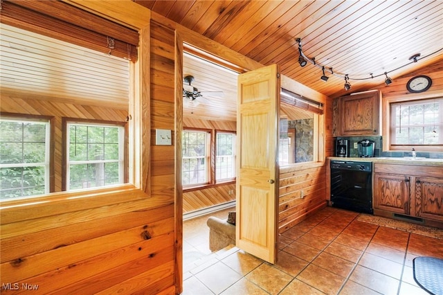 7235 Spillway Rd, Lisbon, OH 44408 - kitchen featuring black dishwasher, lofted ceiling, healthy amount of natural light, rail lighting, and wood walls
