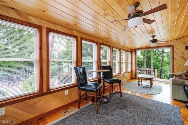 7235 Spillway Rd, Lisbon, OH 44408 - sunroom with wood ceiling, healthy amount of natural light, wooden walls, wood finished floors, and vaulted ceiling