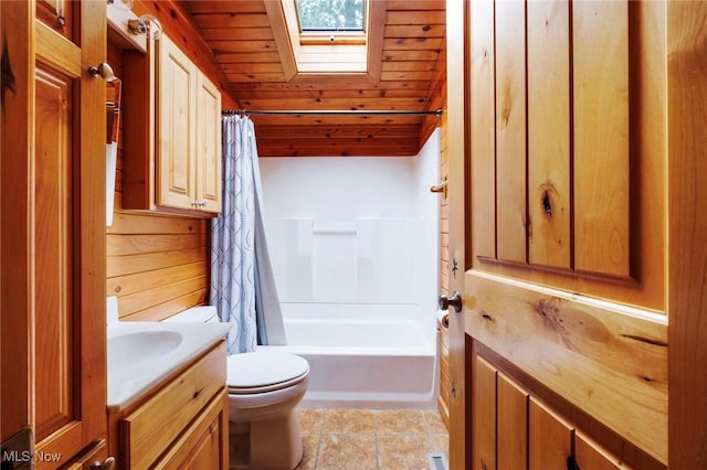 7235 Spillway Rd, Lisbon, OH 44408 - bathroom with a skylight, vanity, wooden ceiling, shower / bath combination with curtain, and tile patterned flooring