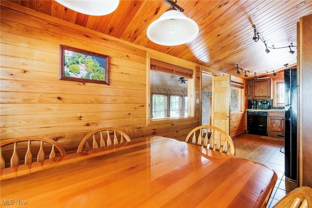 7235 Spillway Rd, Lisbon, OH 44408 - tiled dining area with track lighting, wood ceiling, and wooden walls