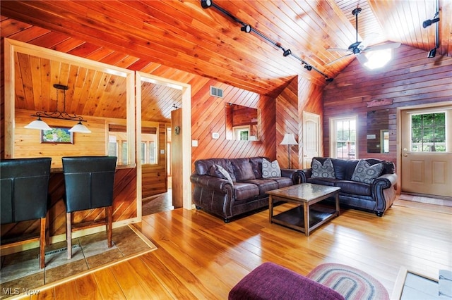 7235 Spillway Rd, Lisbon, OH 44408 - living area featuring rail lighting, wood walls, a ceiling fan, lofted ceiling, and hardwood / wood-style floors