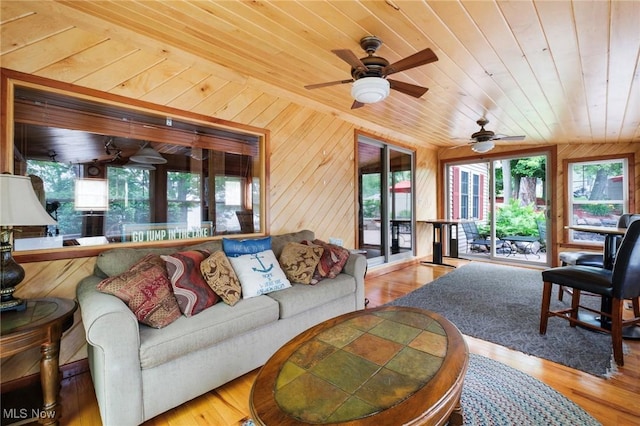 7235 Spillway Rd, Lisbon, OH 44408 - living area featuring plenty of natural light, wood ceiling, wood walls, and wood finished floors