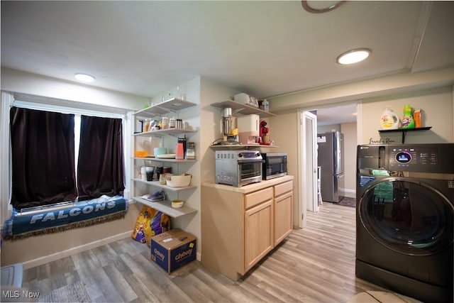 738 Shallow Run St, Minerva, OH 44657 - kitchen with washer / clothes dryer, open shelves, stainless steel appliances, and light brown cabinetry