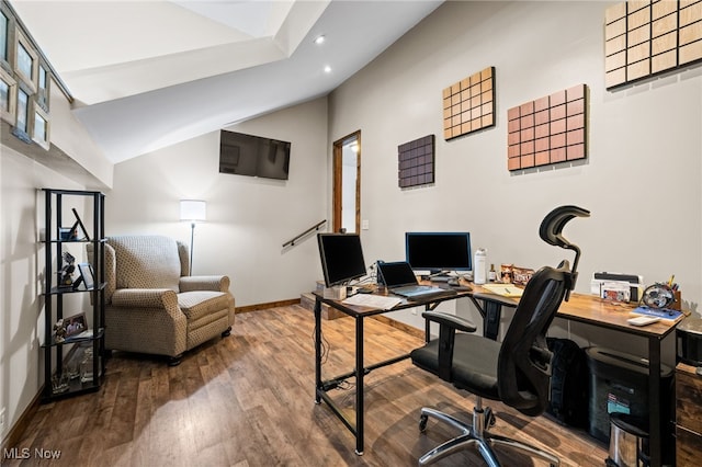 34765 Roberts Rd, Eastlake, OH 44095 - office area featuring recessed lighting, wood finished floors, and vaulted ceiling