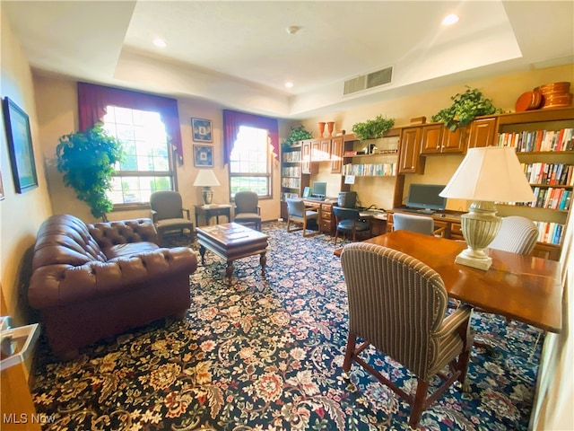 10517 W Ravine View Ct, North Royalton, OH 44133 - living room with a raised ceiling, an office area, and recessed lighting