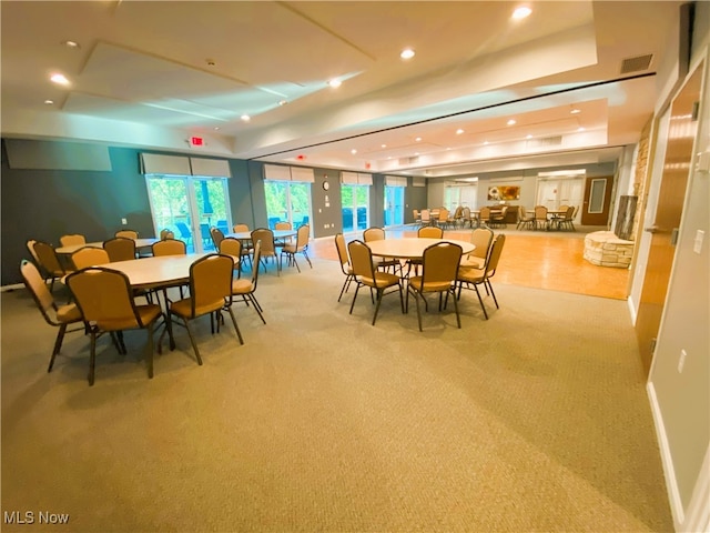 10517 W Ravine View Ct, North Royalton, OH 44133 - dining room with light carpet, recessed lighting, and a raised ceiling