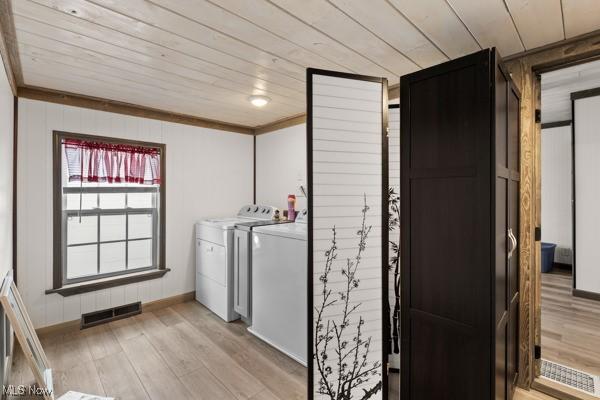 345 Ritchie Ave, Weirton, WV 26062 - laundry room featuring wooden ceiling, light wood-type flooring, and washer and dryer
