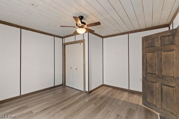 345 Ritchie Ave, Weirton, WV 26062 - unfurnished bedroom with wood ceiling, ornamental molding, light wood-style flooring, and a ceiling fan