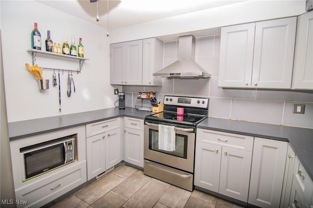 1333 Overlook Dr, Weirton, WV 26062 - kitchen featuring stainless steel range with electric cooktop, wall chimney range hood, dark countertops, open shelves, and tasteful backsplash