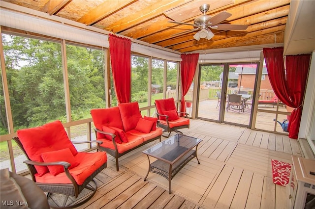 1333 Overlook Dr, Weirton, WV 26062 - sunroom with a wooden deck, a ceiling fan, hardwood / wood-style flooring, and an outdoor hangout area