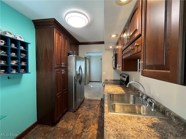 484 Louella Ave, Chester, WV 26034 - kitchen with stainless steel appliances, stone finish floors, and dark brown cabinetry
