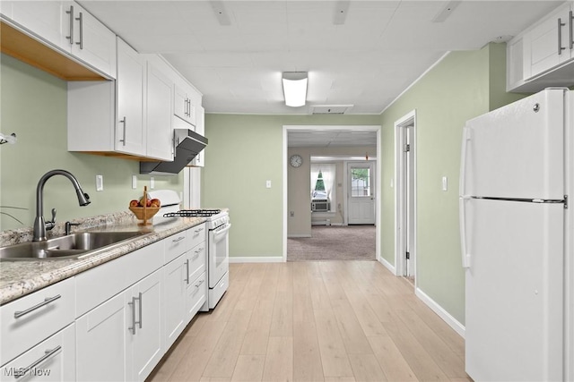 1170 Moneta Ave, Aurora, OH 44202 - kitchen with white appliances, ventilation hood, white cabinets, light countertops, and light wood-style floors