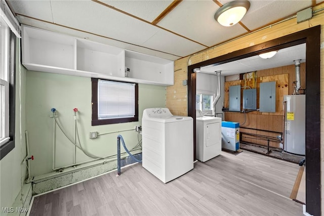 1170 Moneta Ave, Aurora, OH 44202 - washroom featuring gas water heater, electric panel, wooden walls, and light wood-style floors