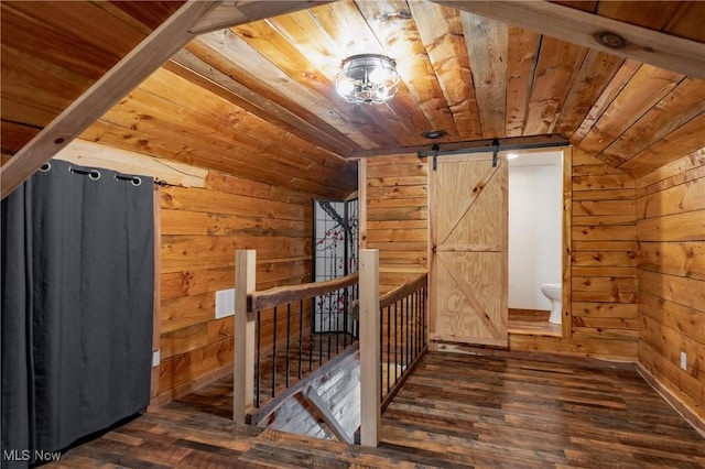 4278 Newbury Rd, Little Hocking, OH 45742 - bonus room featuring wooden walls, wooden ceiling, wood finished floors, vaulted ceiling, and a barn door