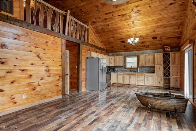 4278 Newbury Rd, Little Hocking, OH 45742 - kitchen with stainless steel appliances, light brown cabinetry, wood ceiling, dark wood-type flooring, and pendant lighting