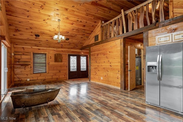 4278 Newbury Rd, Little Hocking, OH 45742 - foyer entrance featuring wooden walls, wood finished floors, a chandelier, wood ceiling, and high vaulted ceiling