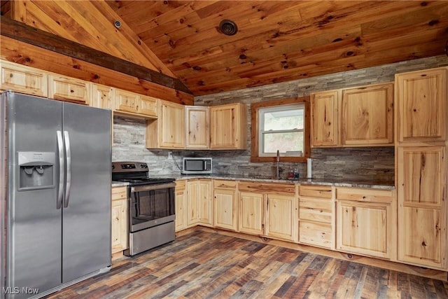 4278 Newbury Rd, Little Hocking, OH 45742 - kitchen featuring stainless steel appliances, vaulted ceiling, light brown cabinetry, wood ceiling, and backsplash
