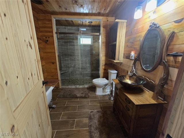 4278 Newbury Rd, Little Hocking, OH 45742 - full bathroom with wooden ceiling, vanity, a shower stall, and wood walls
