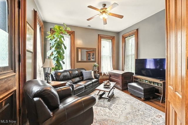 7298 Akron Rd, Sterling, OH 44276 - living area featuring a ceiling fan and wood finished floors