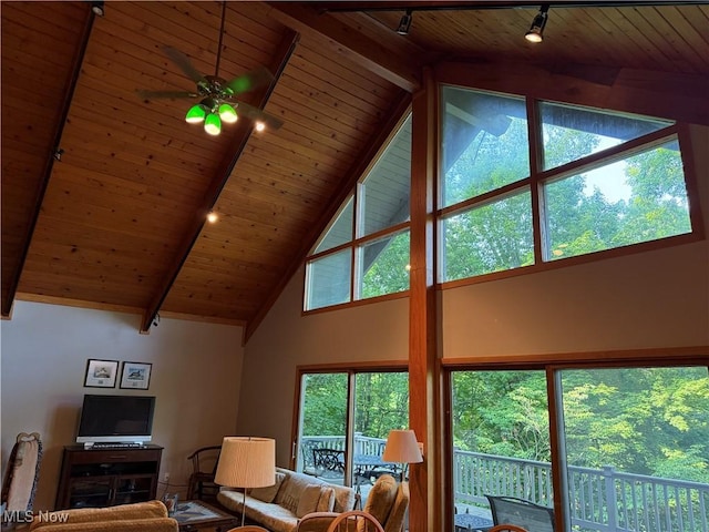 2650 W Buckhorn Dr Unit 823, Millersburg, OH 44654 - living area featuring a wood ceiling with exposed beams, high vaulted ceiling, track lighting, and a ceiling fan