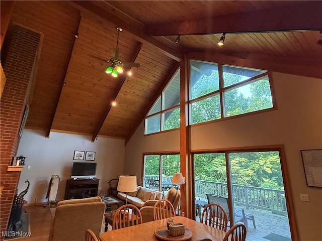 2650 W Buckhorn Dr Unit 823, Millersburg, OH 44654 - dining room with a wooden ceiling with exposed beams, ceiling fan, high vaulted ceiling, wood finished floors, and rail lighting