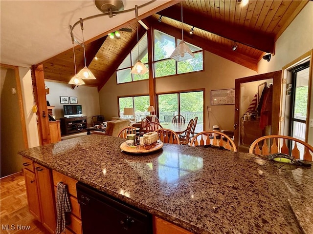 2650 W Buckhorn Dr Unit 823, Millersburg, OH 44654 - kitchen with dishwasher, a wood ceiling with exposed beams, stone countertops, plenty of natural light, and high vaulted ceiling