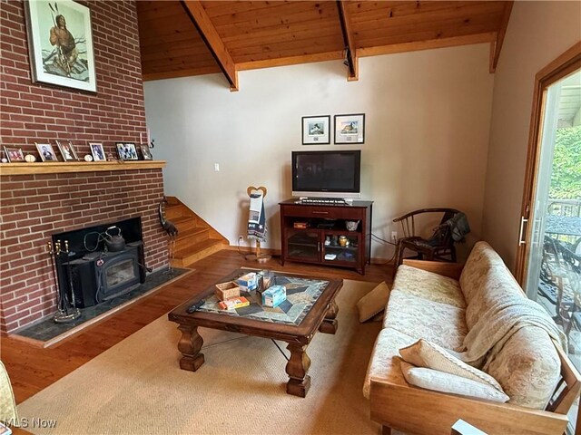 2650 W Buckhorn Dr Unit 823, Millersburg, OH 44654 - living room with wooden ceiling, wood finished floors, and a wood stove