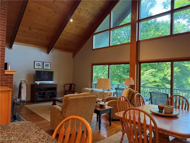2650 W Buckhorn Dr Unit 823, Millersburg, OH 44654 - dining room featuring a fireplace, high vaulted ceiling, light wood-style flooring, and a wooden ceiling with exposed beams