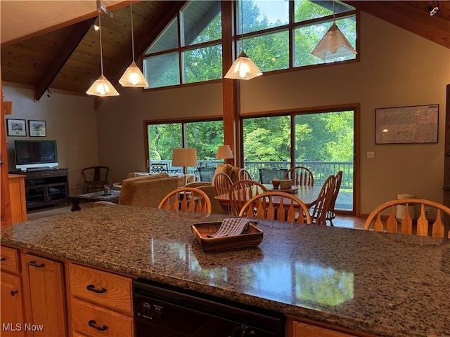 2650 W Buckhorn Dr Unit 823, Millersburg, OH 44654 - kitchen featuring high vaulted ceiling, black dishwasher, a wooden ceiling with exposed beams, stone counters, and decorative light fixtures