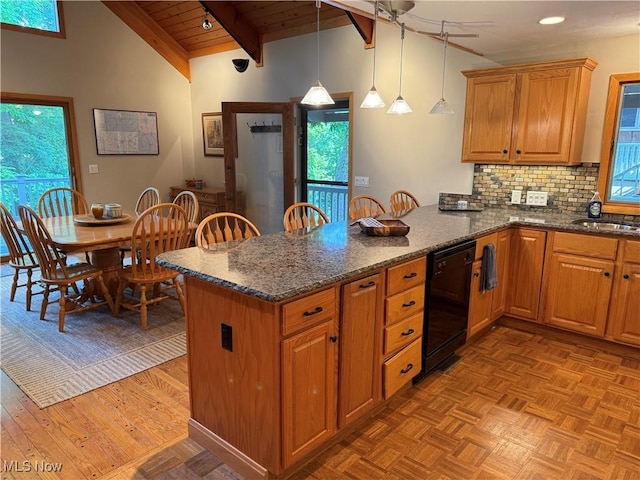 2650 W Buckhorn Dr Unit 823, Millersburg, OH 44654 - kitchen featuring dishwasher, a peninsula, wood ceiling, dark stone countertops, and decorative backsplash