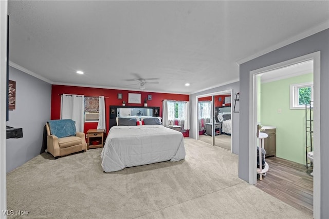 208 Clark St, Berea, OH 44017 - bedroom with crown molding, recessed lighting, carpet flooring, and ceiling fan