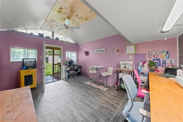 208 Clark St, Berea, OH 44017 - office area with a ceiling fan, wood finished floors, and lofted ceiling