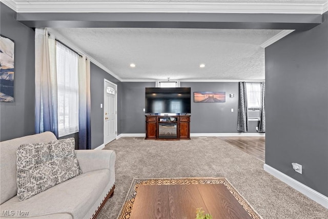 208 Clark St, Berea, OH 44017 - carpeted living area with plenty of natural light, recessed lighting, crown molding, and a textured ceiling