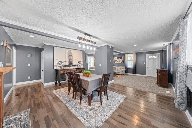 208 Clark St, Berea, OH 44017 - dining area featuring ornamental molding, wood finished floors, a textured ceiling, and recessed lighting