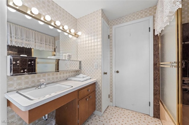 24622 Mitchell Dr, North Olmsted, OH 44070 - bathroom with vanity, tile patterned floors, and wallpapered walls