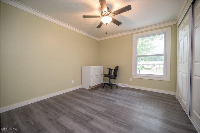 2364 Earl, Niles, OH 44446 - unfurnished office featuring dark wood-style flooring, ornamental molding, and ceiling fan