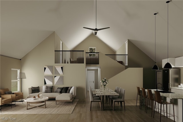 5615 S Blvd, Maple Heights, OH 44137 - living area with high vaulted ceiling, wood finished floors, and a ceiling fan