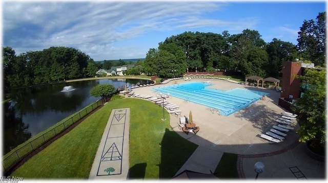 836 Arboretum Cir, Sagamore Hills, OH 44067 - community pool with shuffleboard, a water view, and a patio