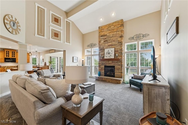 3281 Evans Way, Twinsburg, OH 44087 - living area featuring high vaulted ceiling, carpet floors, and a fireplace