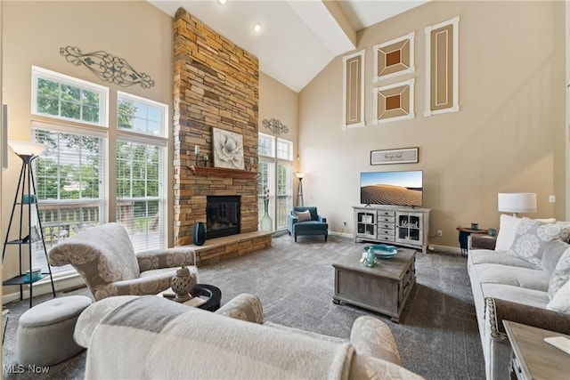 3281 Evans Way, Twinsburg, OH 44087 - carpeted living area with high vaulted ceiling and a stone fireplace