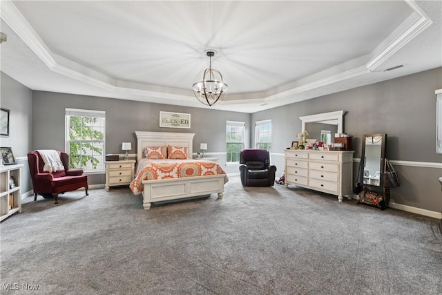 3281 Evans Way, Twinsburg, OH 44087 - carpeted bedroom with a raised ceiling, a chandelier, and ornamental molding