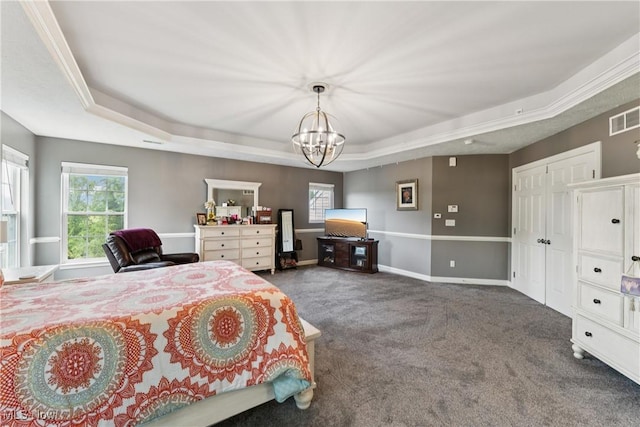 3281 Evans Way, Twinsburg, OH 44087 - bedroom with a tray ceiling, dark colored carpet, multiple windows, and a chandelier