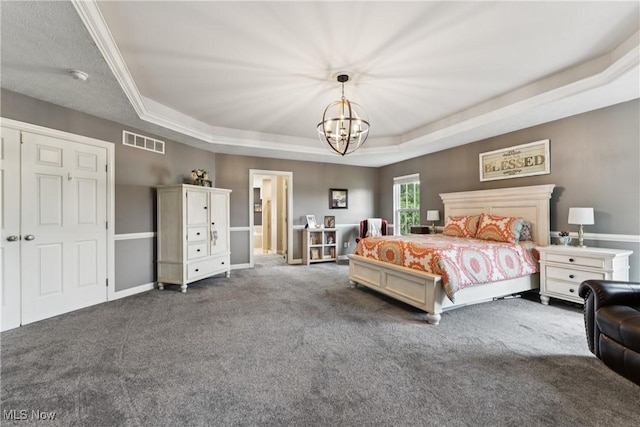 3281 Evans Way, Twinsburg, OH 44087 - bedroom featuring a tray ceiling, dark colored carpet, a chandelier, and crown molding