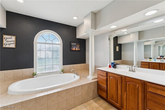 3281 Evans Way, Twinsburg, OH 44087 - bathroom featuring decorative columns, vanity, a bath, recessed lighting, and tile patterned flooring