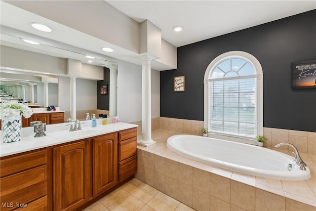 3281 Evans Way, Twinsburg, OH 44087 - full bathroom featuring decorative columns, vanity, a garden tub, recessed lighting, and tile patterned floors