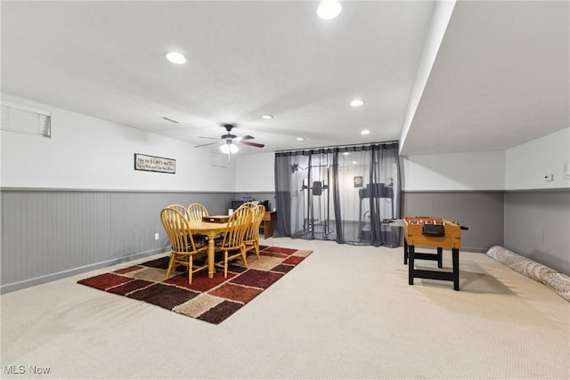3281 Evans Way, Twinsburg, OH 44087 - dining area with carpet floors, recessed lighting, a ceiling fan, and a wainscoted wall