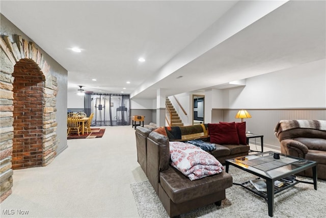 3281 Evans Way, Twinsburg, OH 44087 - carpeted living area featuring stairway, recessed lighting, and wainscoting