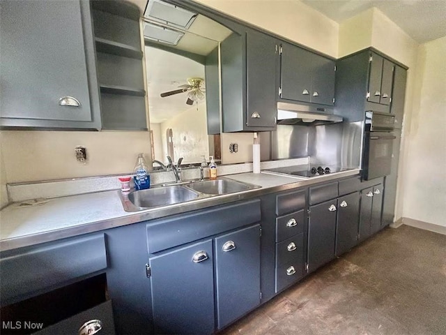 116 Euclid Pl, Marietta, OH 45750 - kitchen featuring wall oven, under cabinet range hood, black electric cooktop, ceiling fan, and open shelves